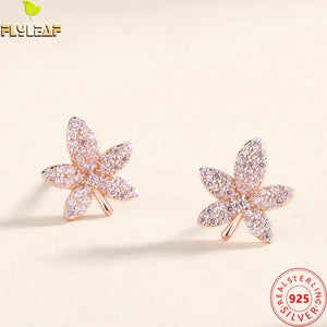 925 Sterling Silver Pink Zircon Maple Leaf Stud Earrings Women Rose Plating