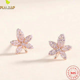 925 Sterling Silver Pink Zircon Maple Leaf Stud Earrings Women Rose Plating