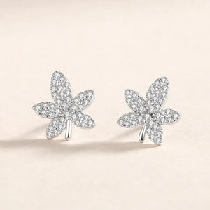 925 Sterling Silver Pink Zircon Maple Leaf Stud Earrings Women Rose Plating