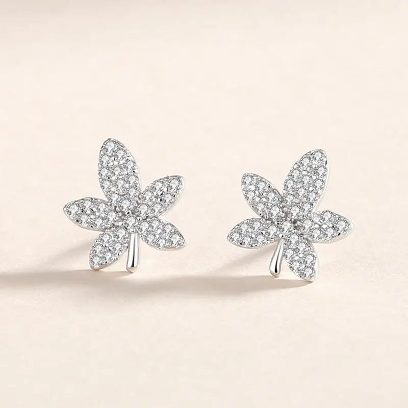 925 Sterling Silver Pink Zircon Maple Leaf Stud Earrings Women Rose Plating
