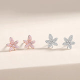 925 Sterling Silver Pink Zircon Maple Leaf Stud Earrings Women Rose Plating