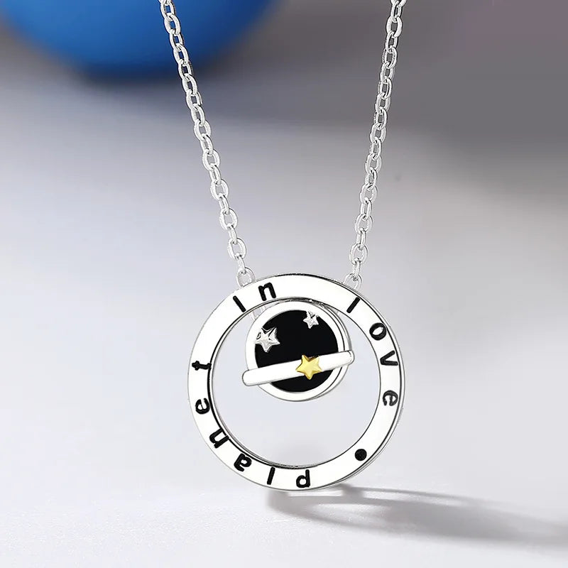 925 Silver Planet Love Couple Necklace Platinum Plating