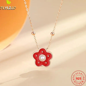 925 Sterling Silver Red Enamel Flower Pendant Necklace Women