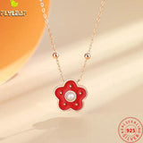 925 Sterling Silver Red Enamel Flower Pendant Necklace Women