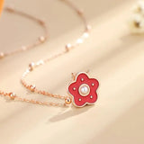 925 Sterling Silver Red Enamel Flower Pendant Necklace Women