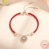 925 Silver Red Rope Chalcedony Lucky Lock Bracelet Rose Plated Chinese Style