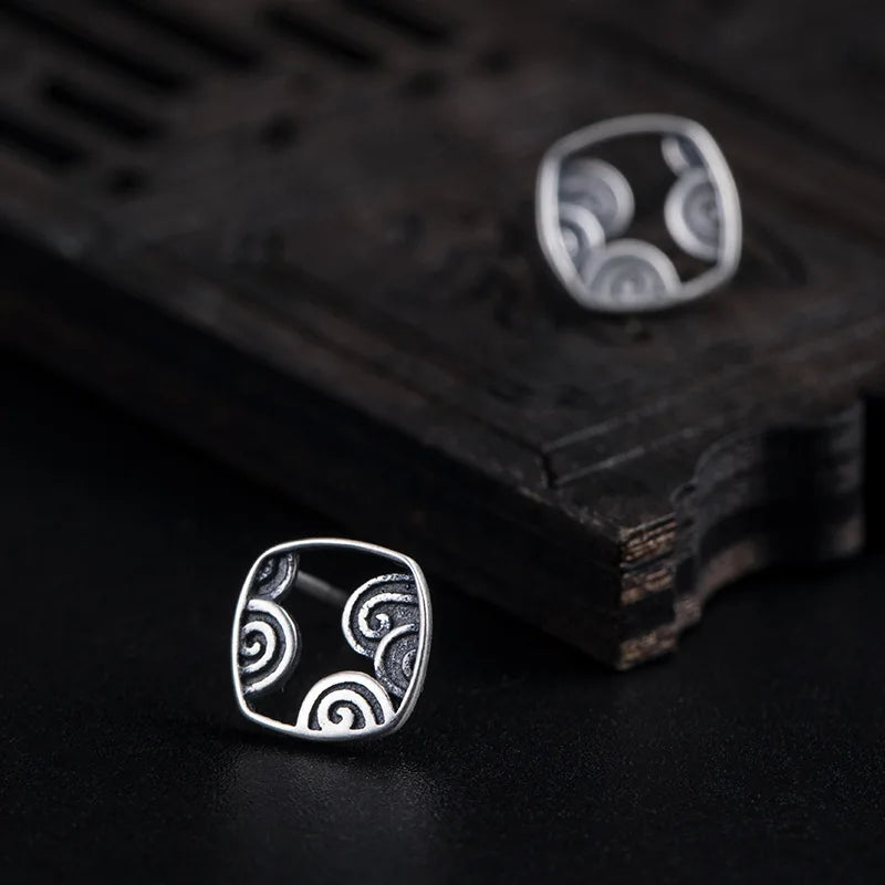 925 Silver Retro Cloud Pattern Stud Earrings for Women
