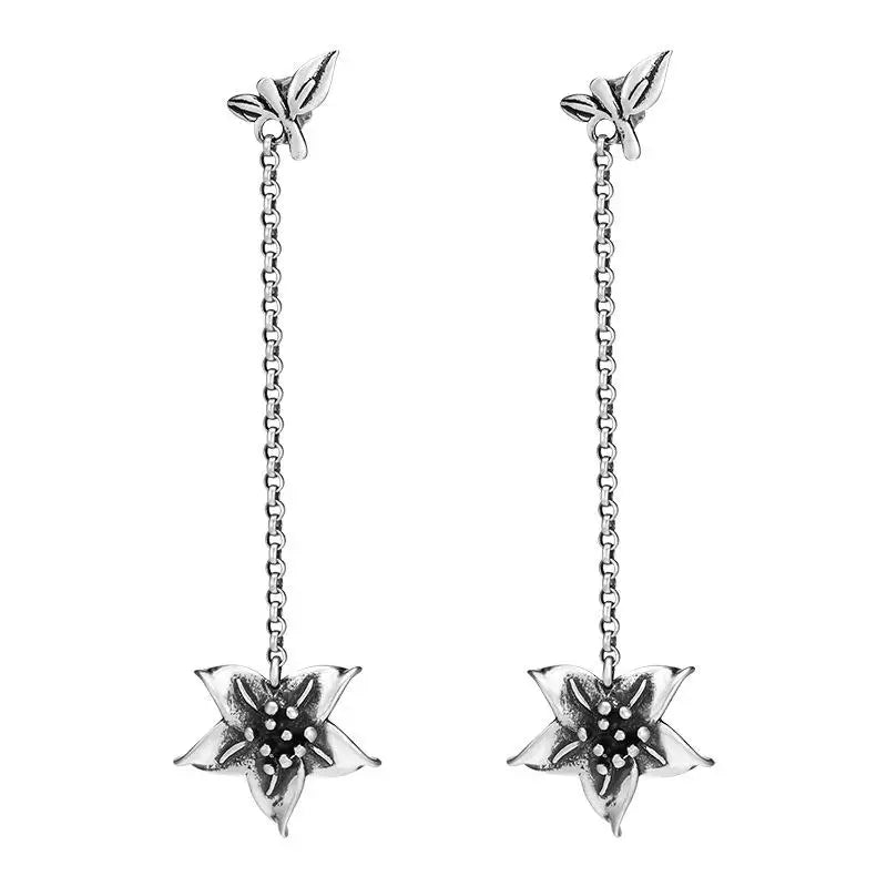 925 Silver Retro Flower Drop Earrings Women Original Vintage Accessories