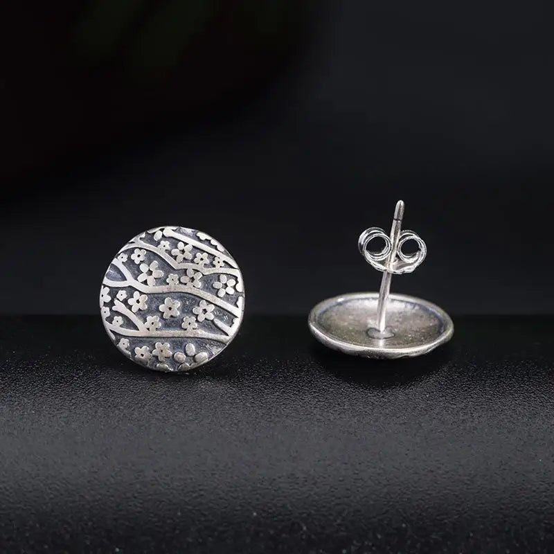 925 Silver Flowers Stud Earrings For Women Thai Silver Vintage Jewelry