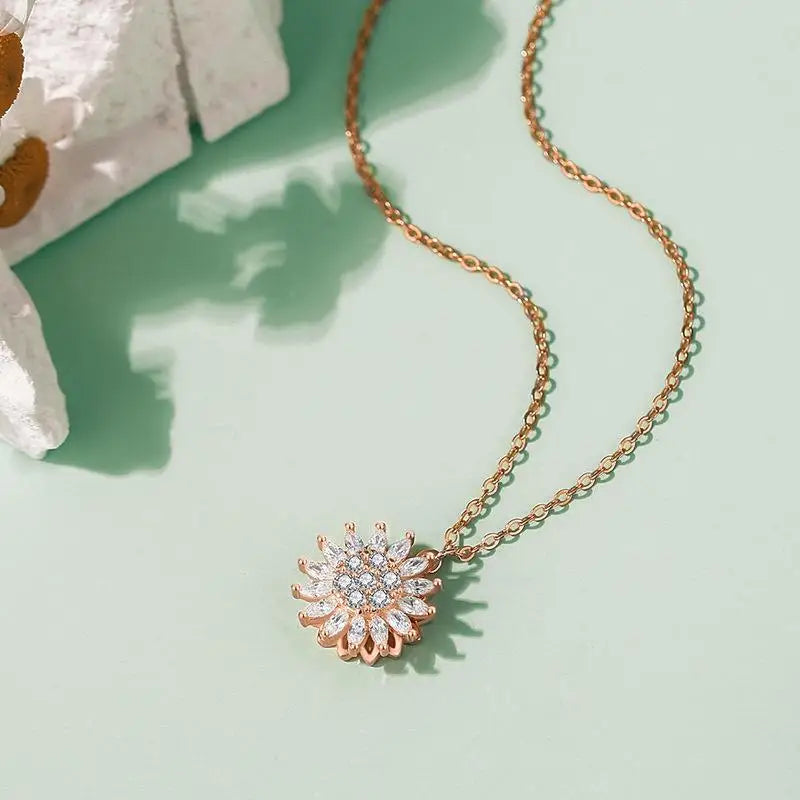 925 Silver Sunflower Pendant Necklace Rose Plating