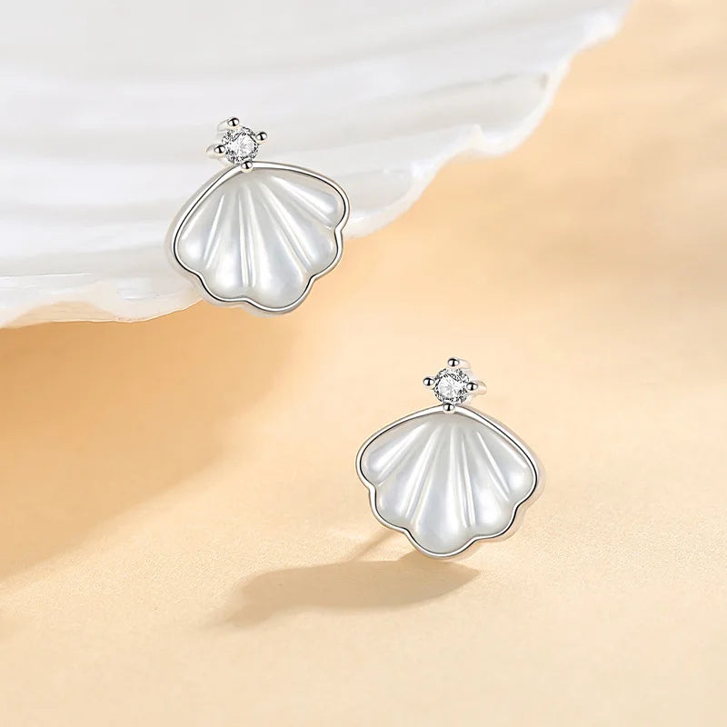 Real 925 Sterling Silver Shell Stud Earrings Rose Plating Teenage Girl