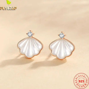 Real 925 Sterling Silver Shell Stud Earrings Rose Plating Teenage Girl