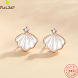Real 925 Sterling Silver Shell Stud Earrings Rose Plating Teenage Girl