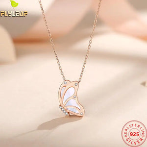 925 Sterling Silver Shell Butterfly Pendant Necklace Women Rose Plating