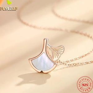 925 Silver Shell Ginkgo Leaves Pendant Necklace Rose Plating Women Jewelry