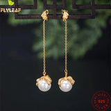 925 Silver Shell Pearl Leaves Drop Earrings 18k Plating