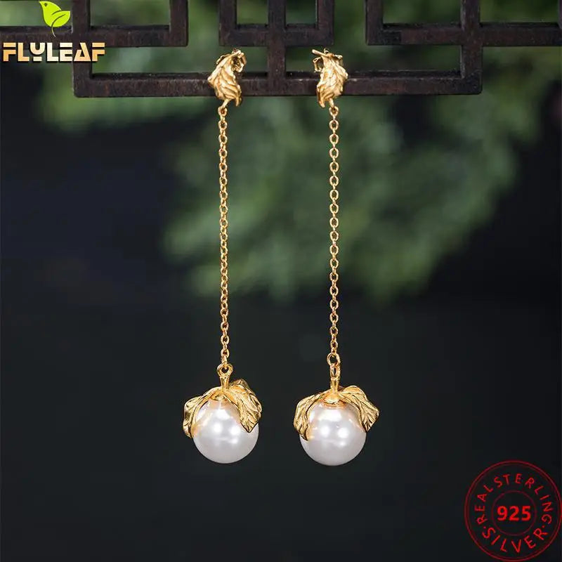 925 Silver Shell Pearl Leaves Drop Earrings 18k Plating