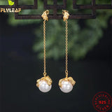 925 Silver Shell Pearl Leaves Drop Earrings 18k Plating