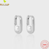 925 Silver Shell Pearl Hoop Earrings Platinum Plated Women Accessory