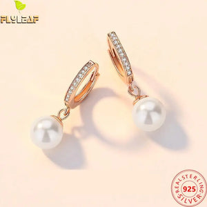 925 Silver Shell Pearl Zircon Hoop Earrings Rose Plating