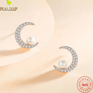 925 Silver Shell Pearl Zircon Moon Stud Earrings Rose Plated Women Accessories