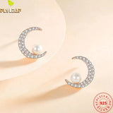 925 Silver Shell Pearl Zircon Moon Stud Earrings Rose Plated Women Accessories
