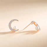 925 Silver Shell Pearl Zircon Moon Stud Earrings Rose Plated Women Accessories
