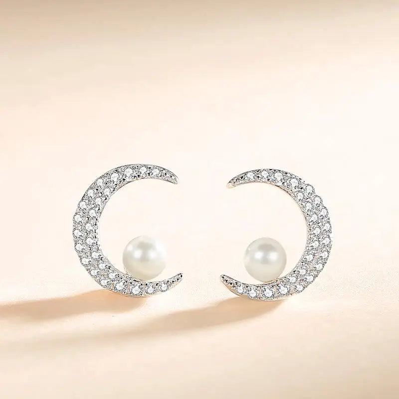 925 Silver Shell Pearl Zircon Moon Stud Earrings Rose Plated Women Accessories