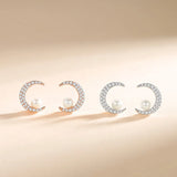 925 Silver Shell Pearl Zircon Moon Stud Earrings Rose Plated Women Accessories
