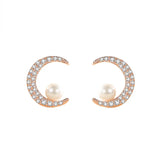 925 Silver Shell Pearl Zircon Moon Stud Earrings Rose Plated Women Accessories