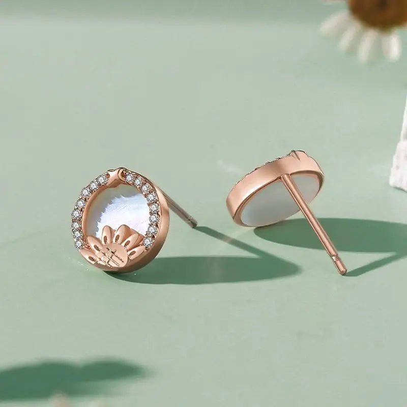 925 Silver Shell Zircon Sunflower Stud Earrings Rose Plated