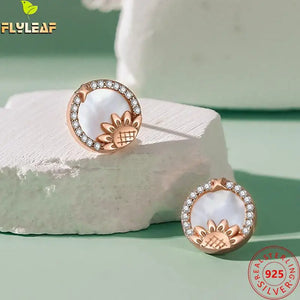 925 Silver Shell Zircon Sunflower Stud Earrings Rose Plated