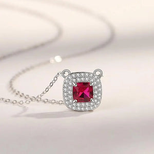 925 Silver Square Red Zircon Necklace Rose Plating