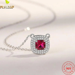 925 Silver Square Red Zircon Necklace Rose Plating