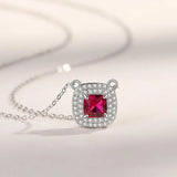 925 Silver Square Red Zircon Necklace Rose Plating