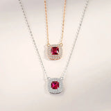 925 Silver Square Red Zircon Necklace Rose Plating