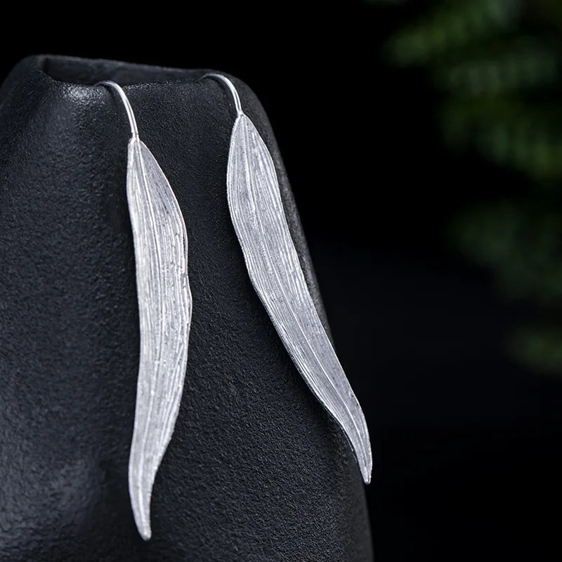925 Sterling Silver Leaf Hook Earrings Vintage Style Femme Accessories