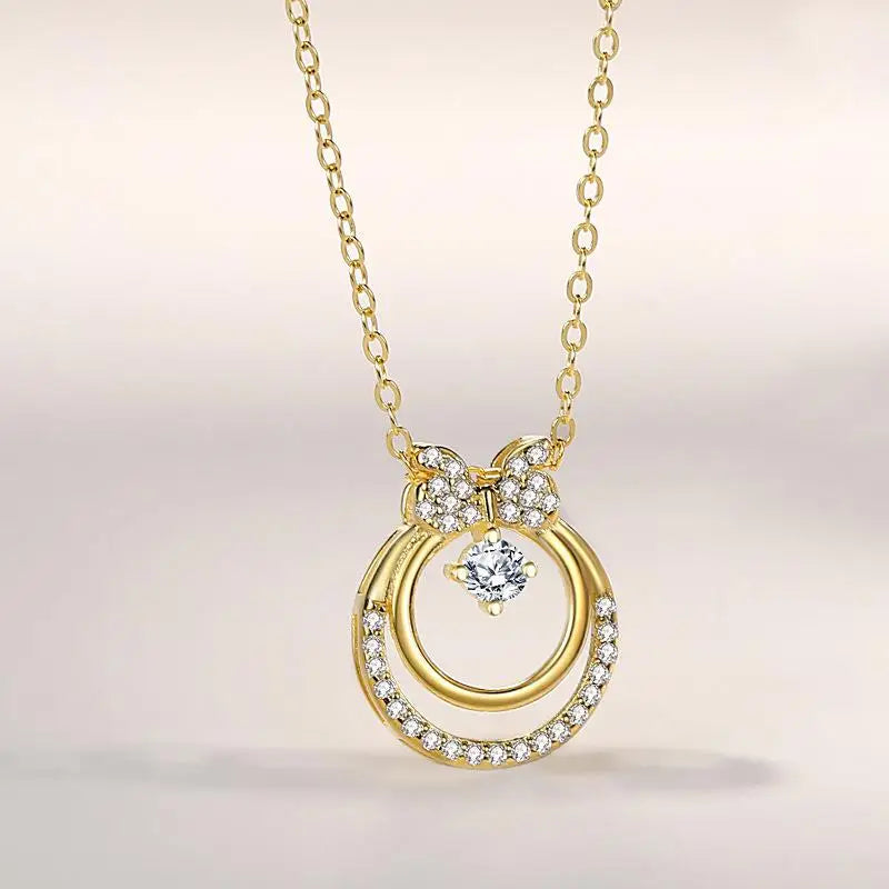 925 Silver Zircon Bowknot Pendant Necklace 14k Plating Femme Accessories