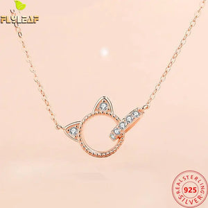 925 Silver Zircon Cat Pendant Necklace Women Rose Plating Girl Gift