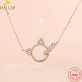 925 Silver Zircon Cat Pendant Necklace Women Rose Plating Girl Gift