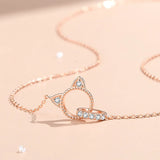 925 Silver Zircon Cat Pendant Necklace Women Rose Plating Girl Gift