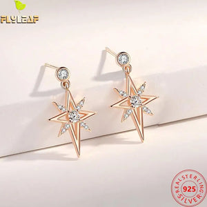 925 Silver Zircon Eight-pointed Star Stud Earrings Rose Plating