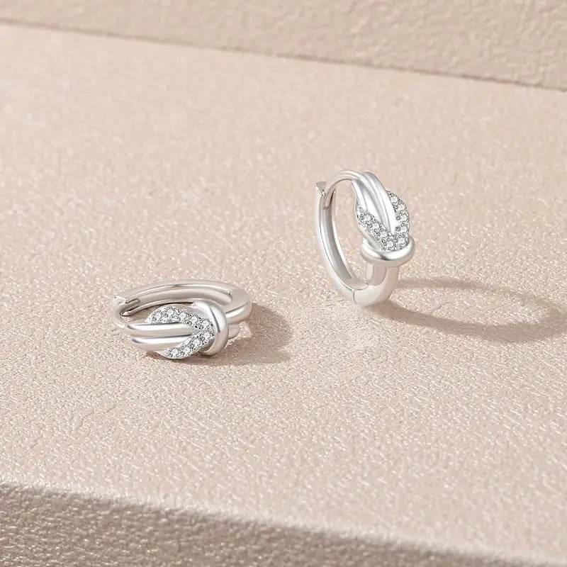 925 Silver Zircon Knot Hoop Earrings Platinum Plated