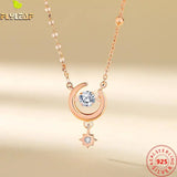 925 Silver Zircon Star Moon Pendant Necklace Rose Plated Women Jewelry