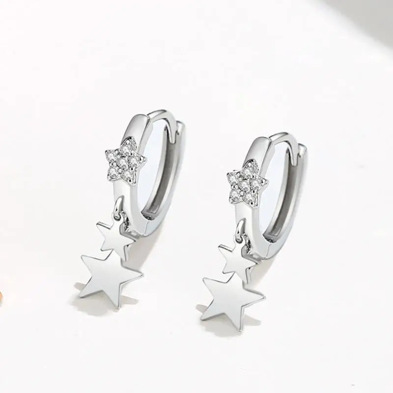 925 Silver Zircon Stars Hoop Earrings Rose Plated Women Accessories