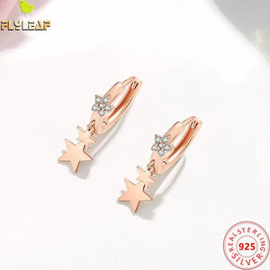 925 Silver Zircon Stars Hoop Earrings Rose Plated Women Accessories