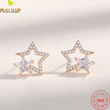925 Silver Zircon Stars Stud Earrings Rose Plating