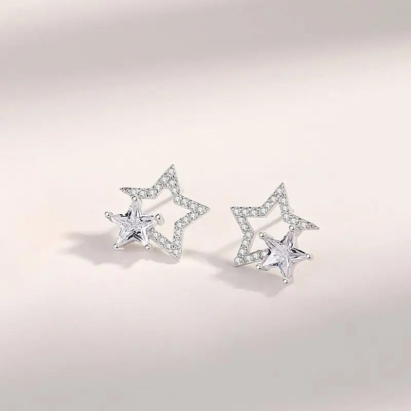 925 Silver Zircon Stars Stud Earrings Rose Plating