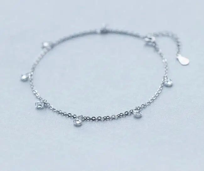 925 Sterling Silver Anklet Bracelet with Round CZ Stone Crystals