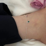 925 Silver Key Anklets Heart Green Crystal Ankle Bracelet Leg Chain